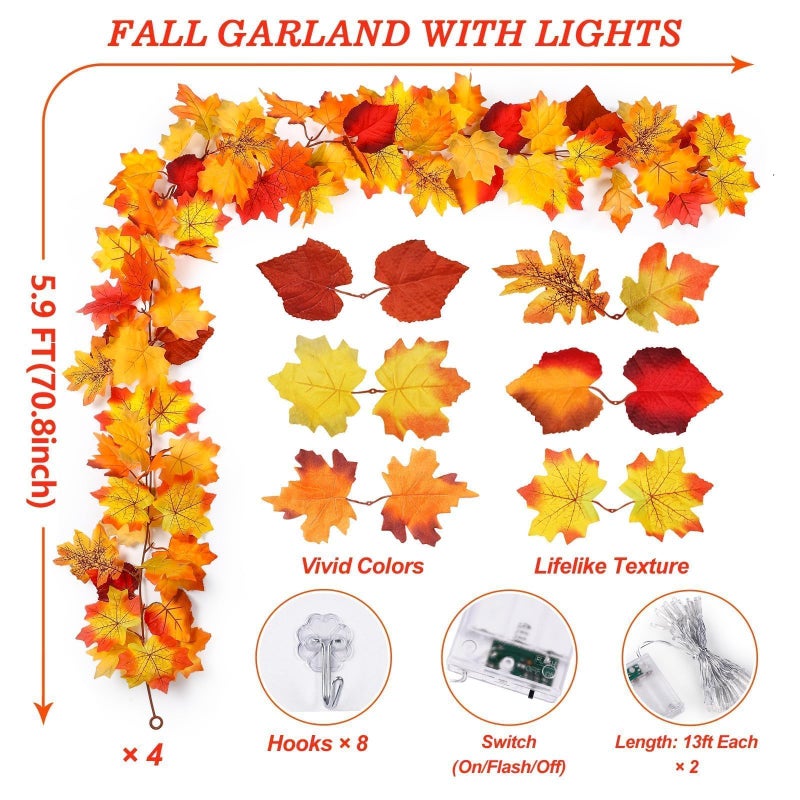 HINZER 4 Pack Fall Decor Garland - Fall Thanksgiving Decorations for Home - 23.6Ft Maple Leaves Garland with Lights Battery Operated for Mantle Fireplace Table Indoor Outdoor Autumn Halloween Christmas Decor - Image 4